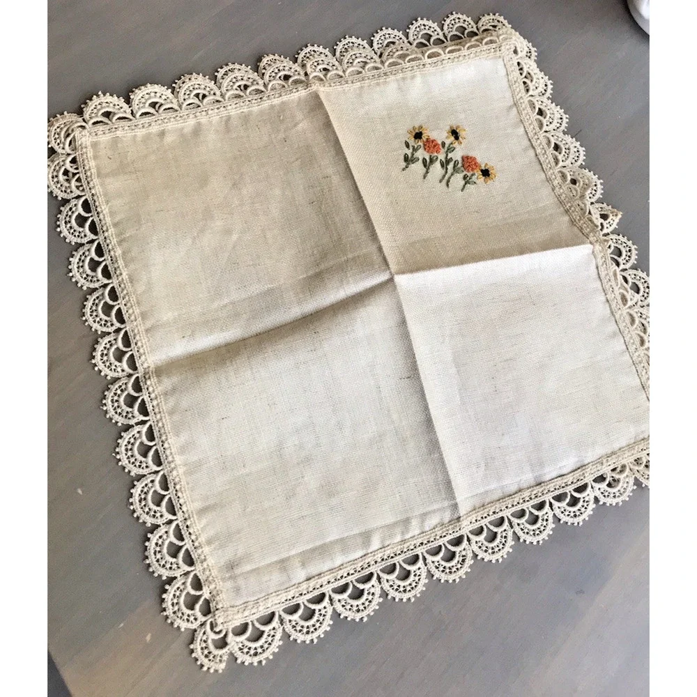 Two beige VINTAGE Cloth/Lace Dinner Napkins with Embroidered Sunflowers #LACEDUP